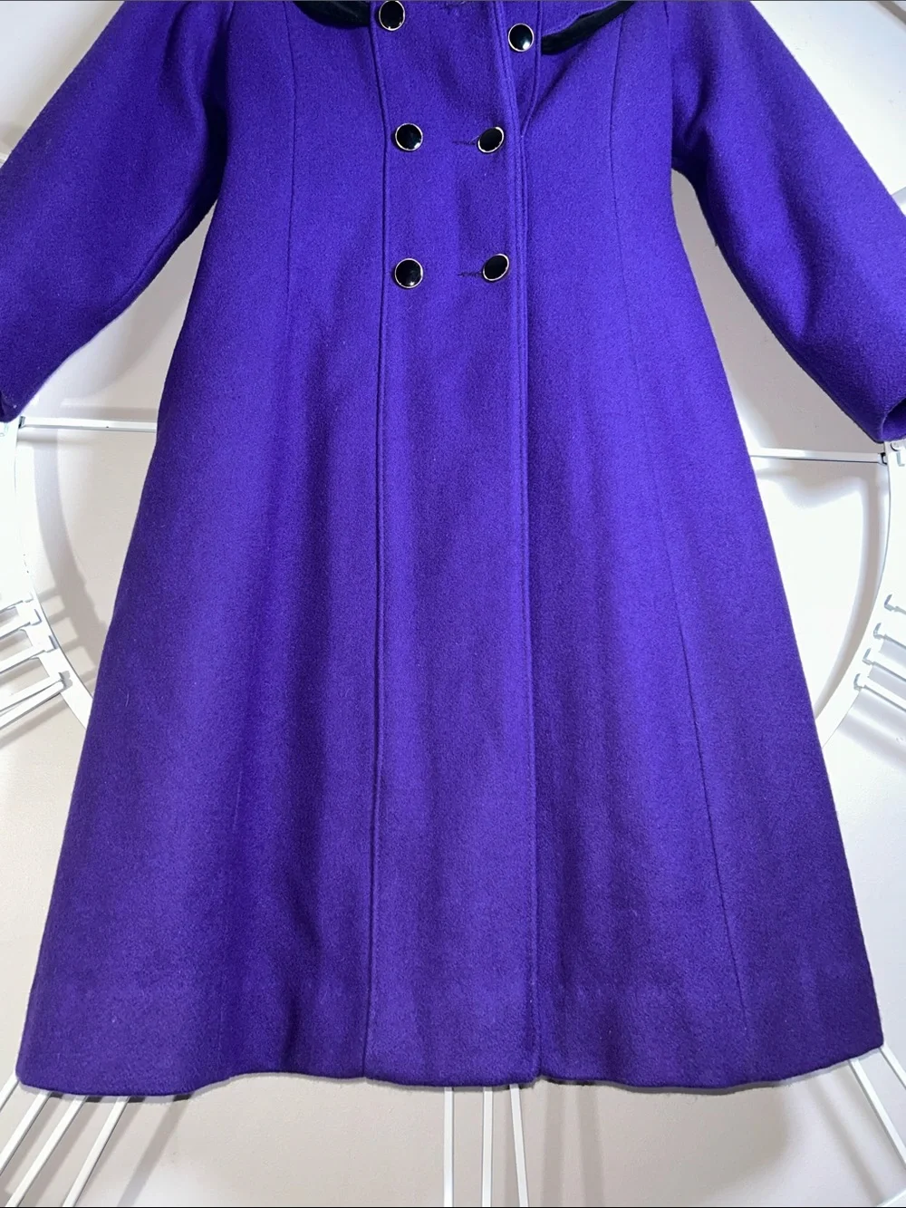 Vintage Rothschild Vibrant Purple Double-Breasted Wool Coat with Black Trim